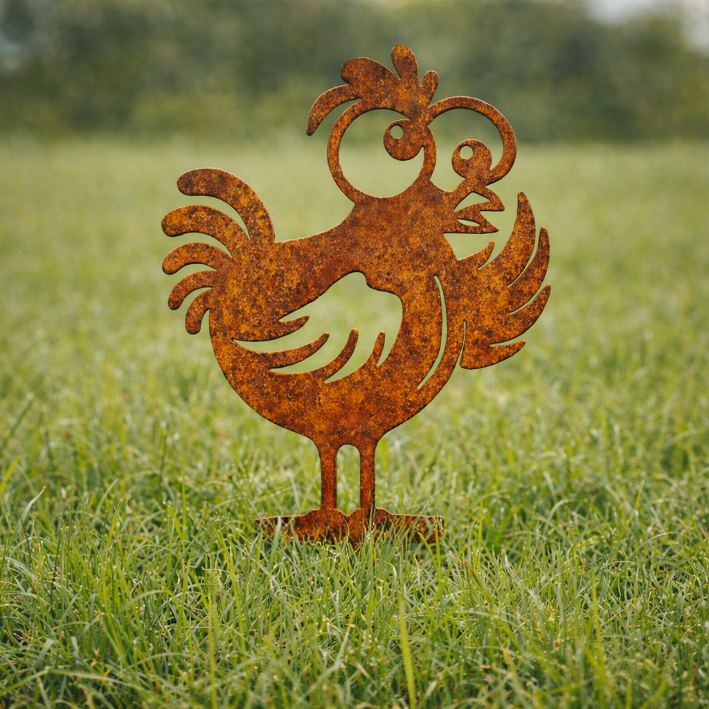 Tuinsteker kip cortenstaal staand in een tuin