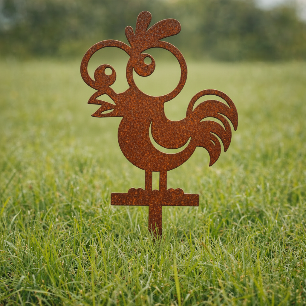 Tuinsteker kip cortenstaal staand in een tuin